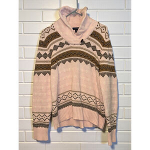 Chap's Women's XL Pink & Brown Fair Isle Cotton Shawl Neck Sweater Nordic Cabin